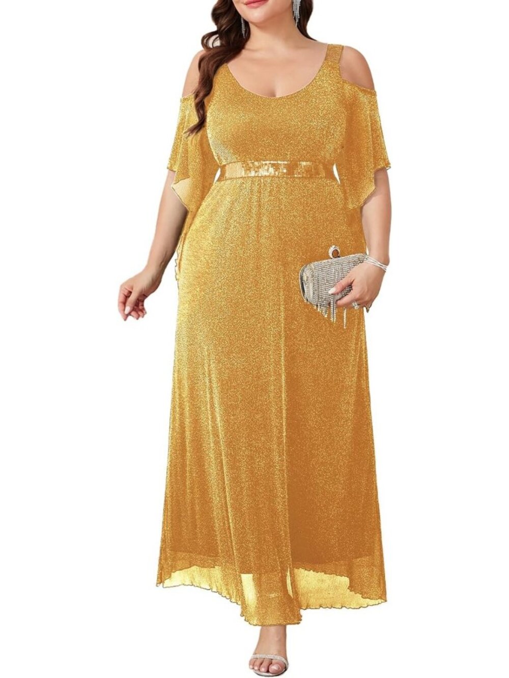 Plus Size Sparkly Cold Shoulder Sequin Maxi Dress | Formal Evening Gown, Wedding